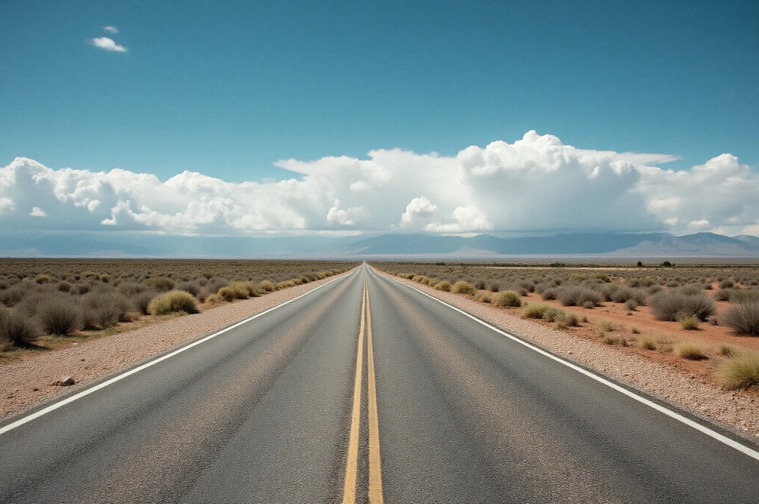 Ruta recta que se pierde en el horizonte bajo un cielo enorme